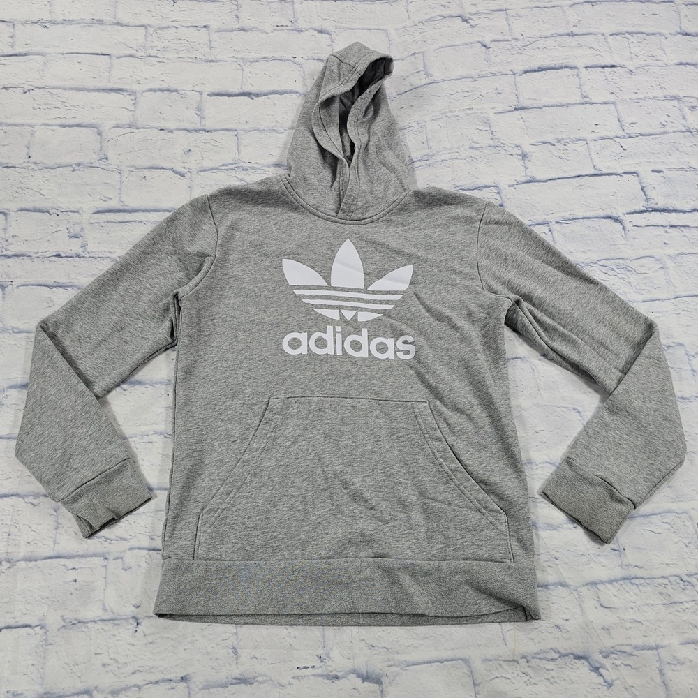 Adidas Hoodie Kids L Grey Trefoil Logo Pullover Sweatshirt GE1979 Sporty Classic